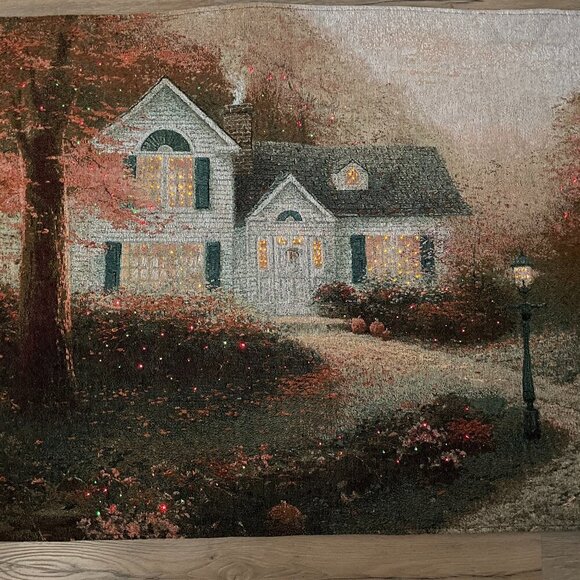 Thomas Kincade Light-up Country house Hanging Tapestry 35" x 25" Works Great! - Picture 2 of 8